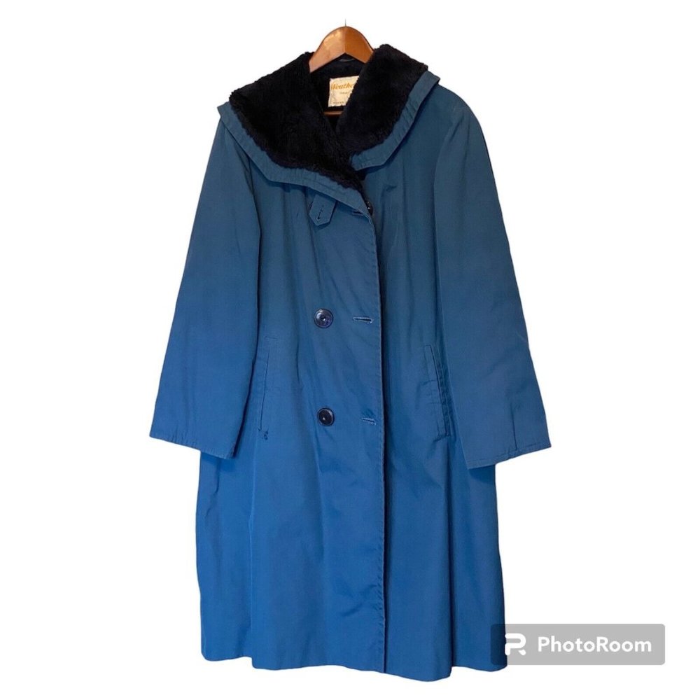Weatherbee Fashion Blue Trench Coat Vintage Women's L 6-8 Coat Faux Fur Lined